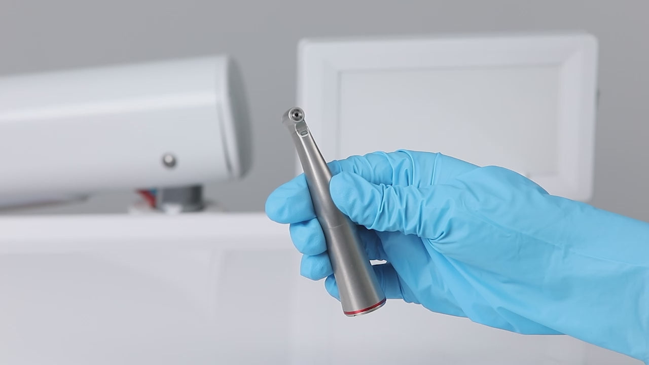 Load video: AZDENT Dental Mini 1:5 Fiber Optic Increasing Electric Contra Angle Handpiece - azdentall.com