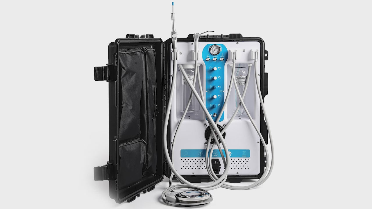Load video: Dental Portable Mobile Delivery Unit P204S with Air Compressor High Suction 4 Hole - azdentall.com