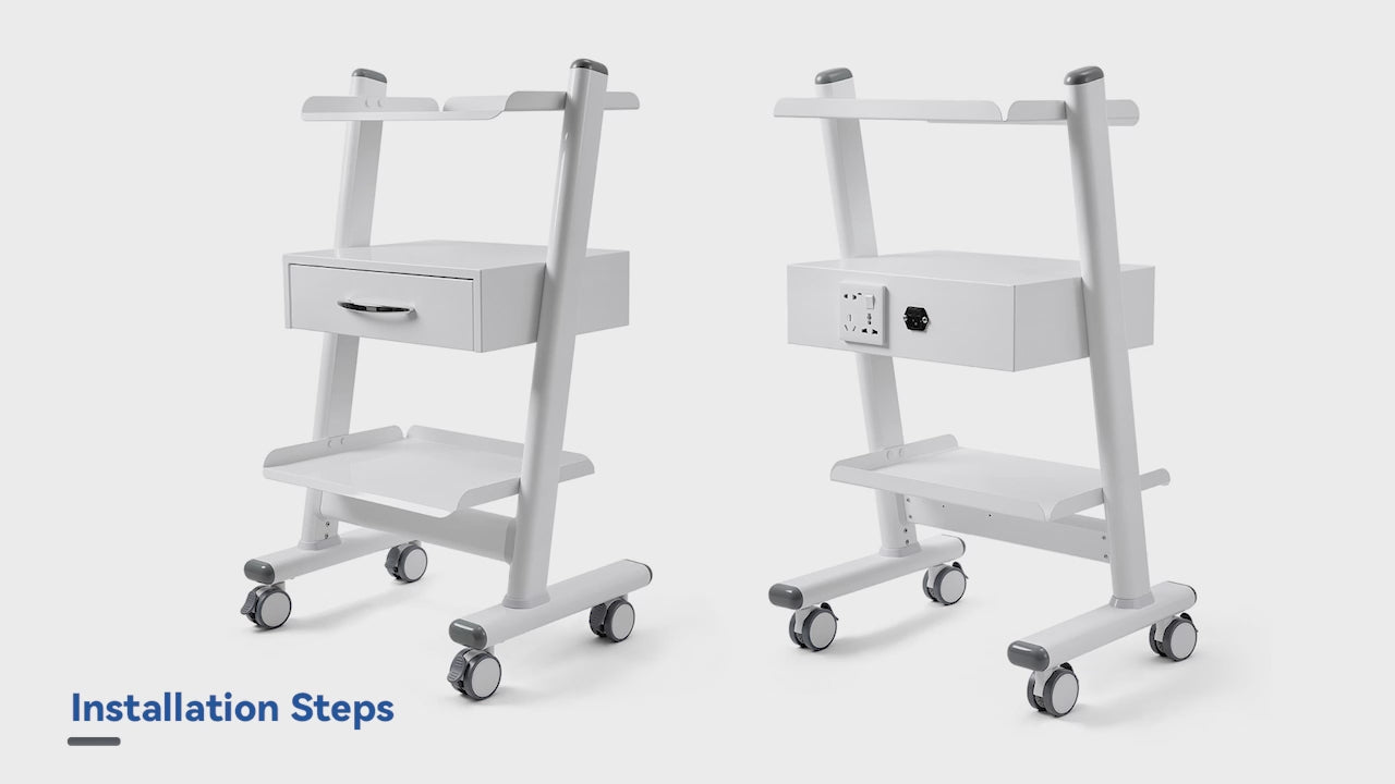 Load video: Dental Mobile Cart Tool Built-in Socket Steel Three-Tier Trolley with Drawer - azdentall.com