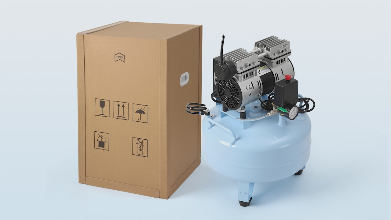 Load video: Dental Silent Oil Free Oilless Air Compressor 24L 600W 118L/min for 1PC Dental Chair - azdentall.com