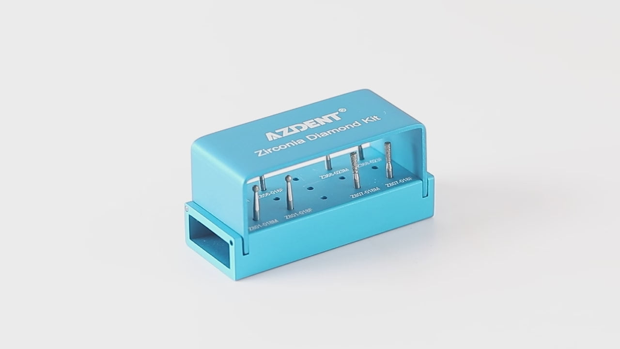 Load video: AZDENT Dental Zirconia Diamond Bur Kit FG 1.6mm Blue 8pcs/Box - azdentall.com