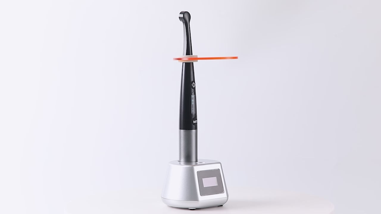 Load video: Dental Curing Light 1 Sec Curing 360° Rotary Wide Spectrum 7 Modes 10W Blue Light LED 385nm-515nm 3100mW/cm² - azdentall.com