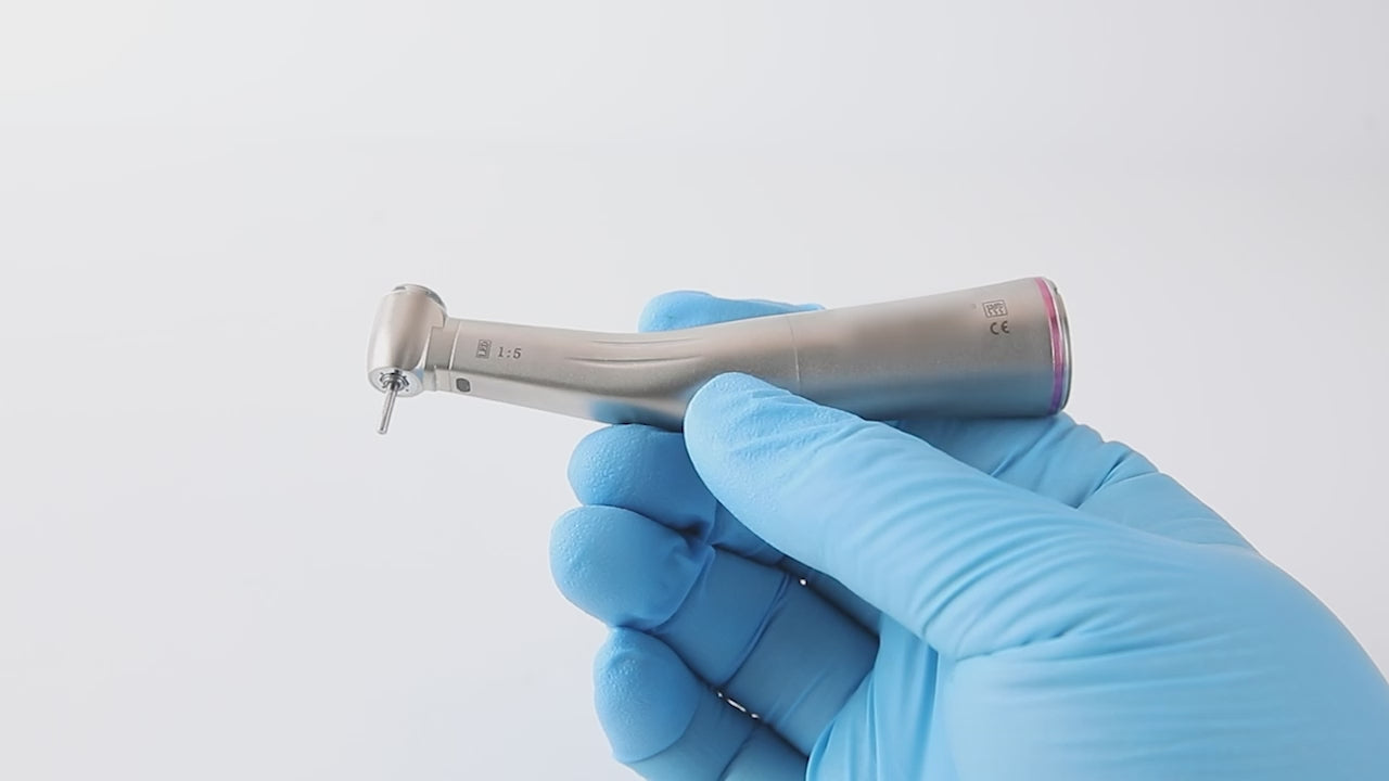 Load video: Dental Standard 1:5 Fiber Optic Increasing Electric Contra Angle Handpiece Copper Plated With Titanium - azdentall.com