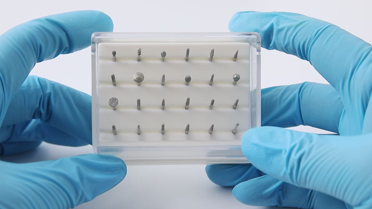 Load video: Dental Diamond Burs Set For High Speed Handpiece 24pcs/Kit and 24 Hole Burs Box - azdentall.com