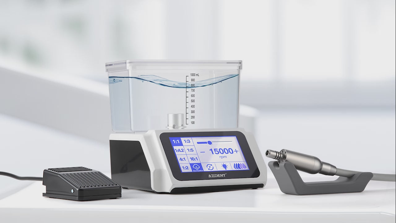 Load video: AZDENT Dental LED Electric Brushless Surgery Motor System Touch Screen with Water Supply - azdentall.com