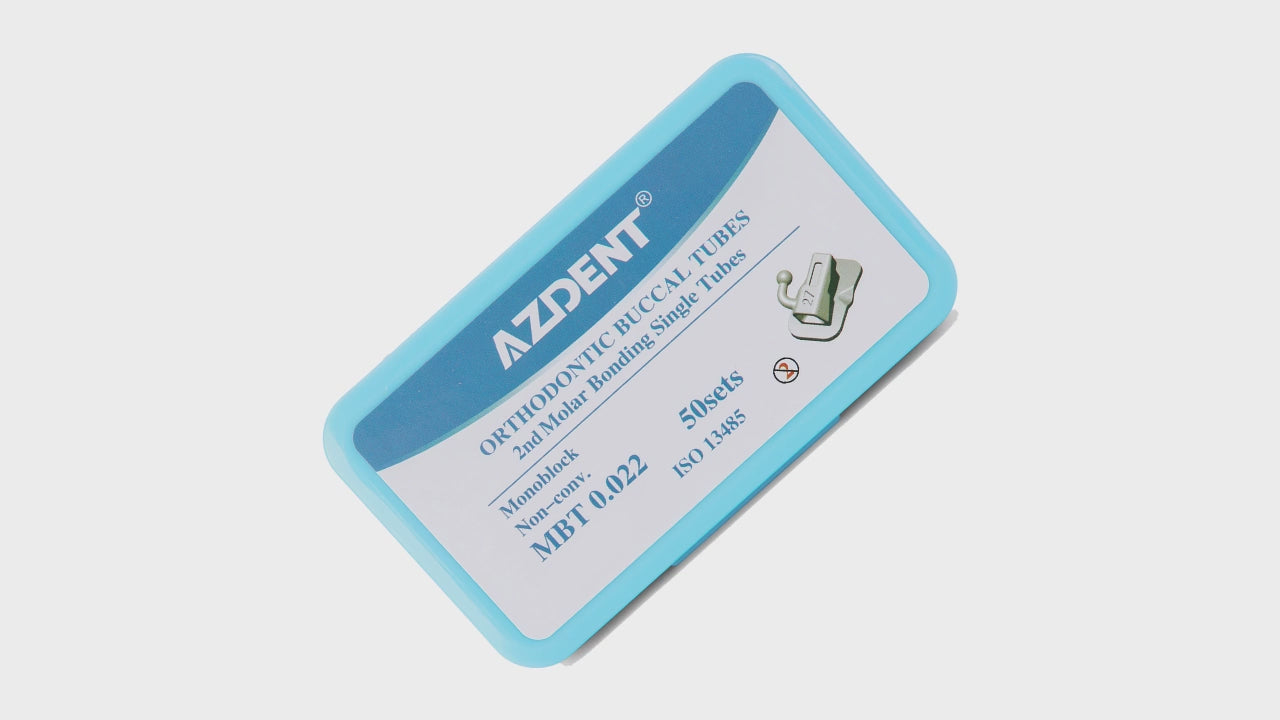 Load video: AZDENT Dental Orthodontic Buccal Tube 2nd Molar Bondable Monoblock Non-Convertible MBT 0.022 Laser Mark 50Sets/Box(200pcs) - azdentall.com