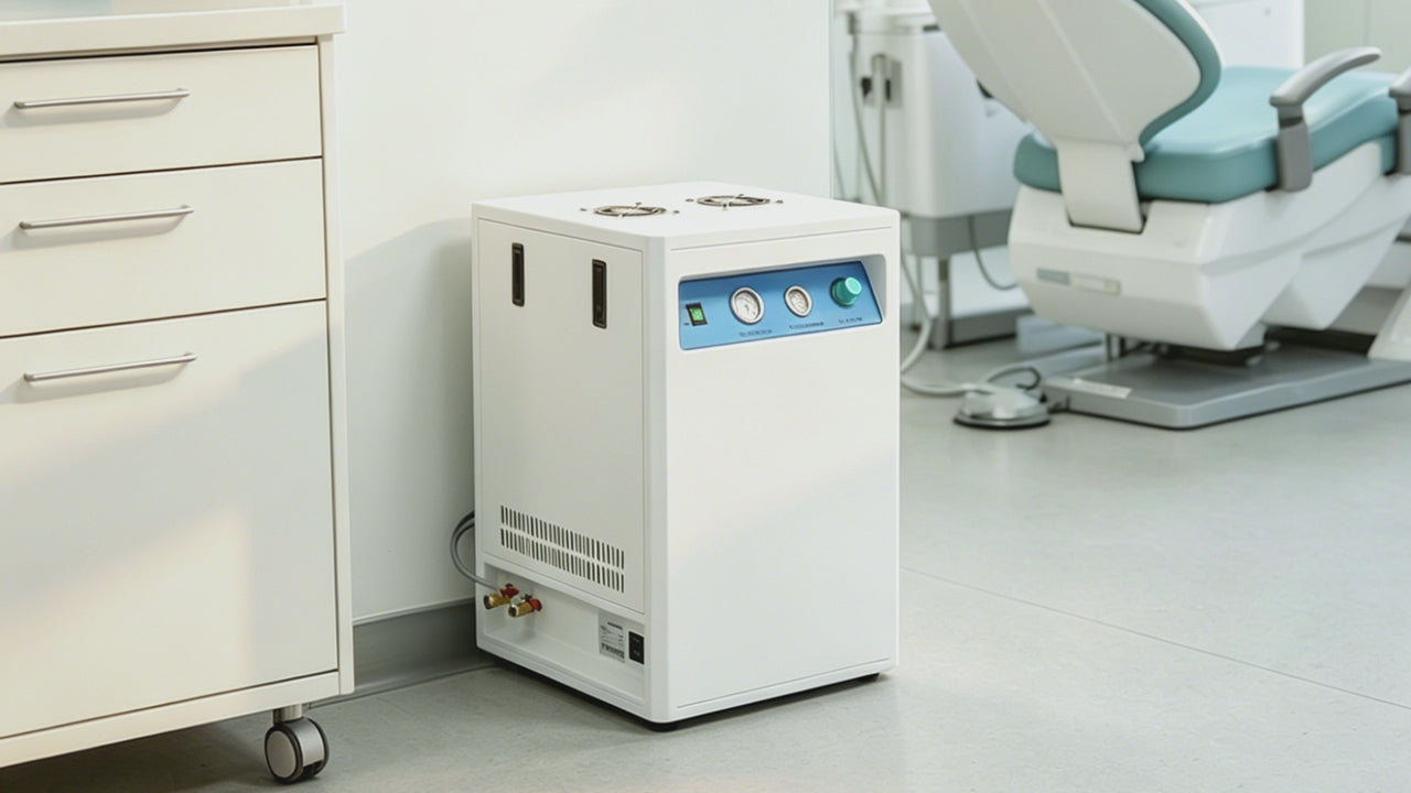 Load video: Dental 40L 800W Silent Oil Free Air Compressor GA02X for 2PCS Dental Chair with Soundproof Box - azdentall.com
