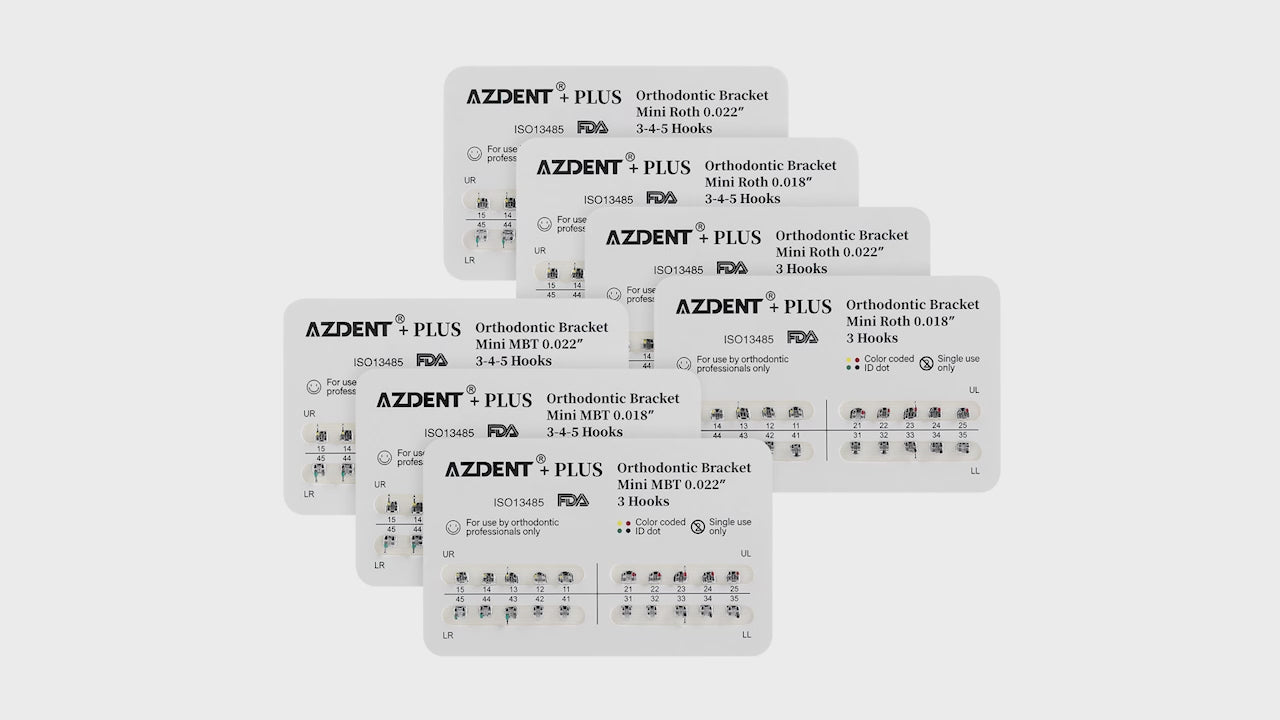Load video: AZDENT PLUS Dental Metal Brackets Braces Mini Roth/MBT .022/.018 Hooks 3/3-4-5 20pcs/Pack - azdentall.com