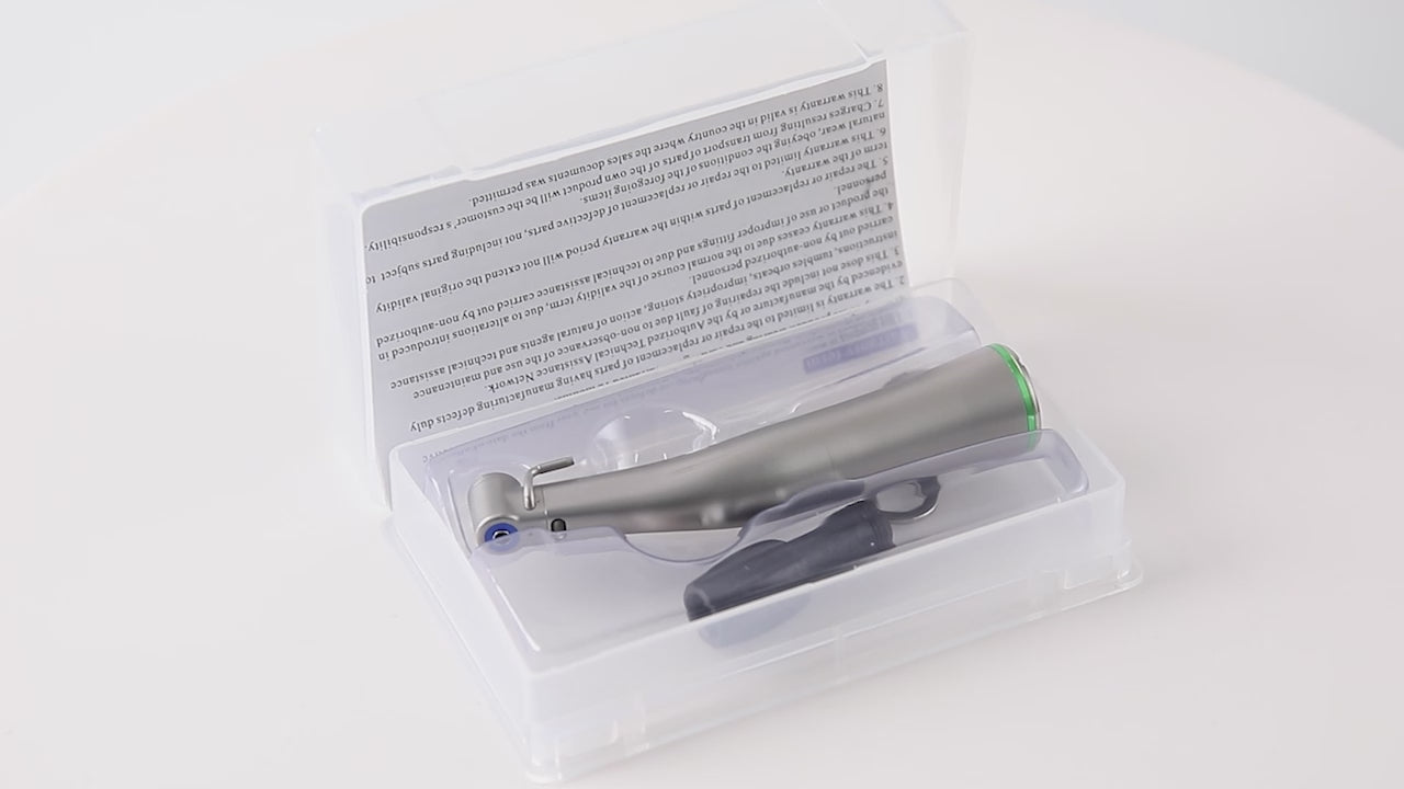 Load video: Dental LED Fiber Optic 20:1 Implant Contra Angle Low Speed Handpiece Push Button Stainless Steel Body - azdentall.com