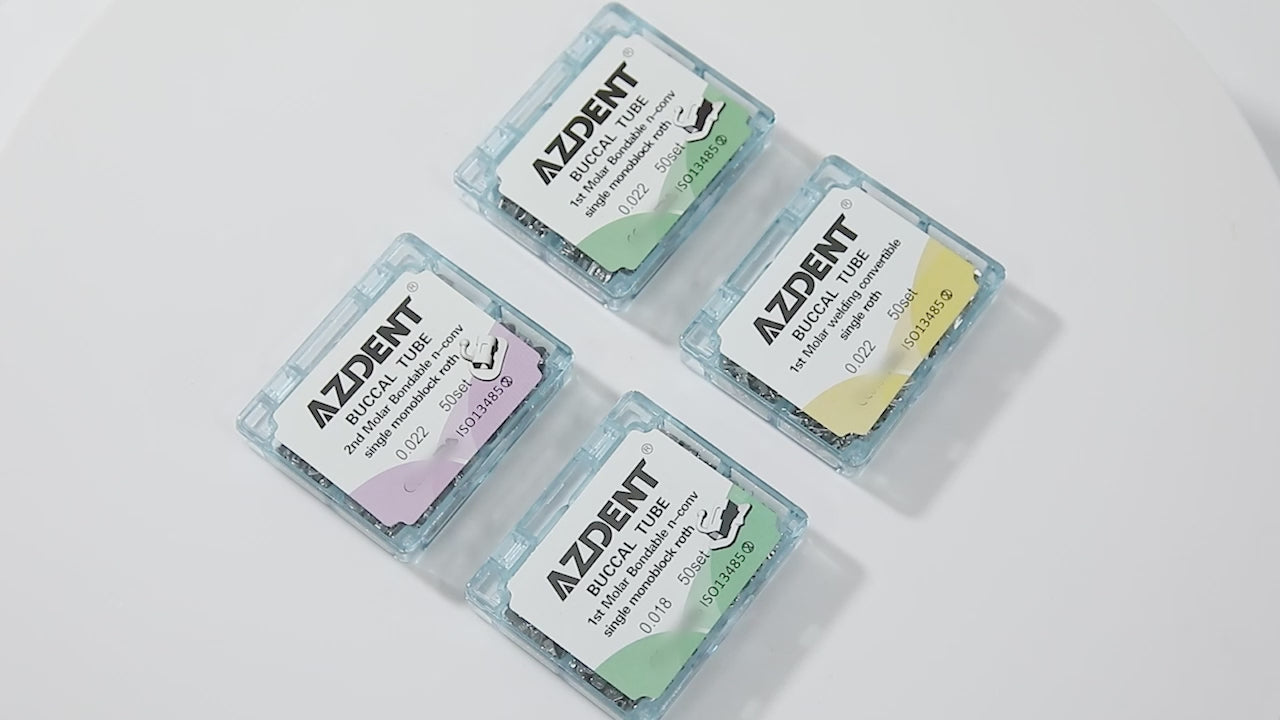 Load video: AZDENT Dental Orthodontic Buccal Tube 2nd Molar Bondable Monoblock Non-convertible Roth 0.022 50Sets/Box - azdentall.com