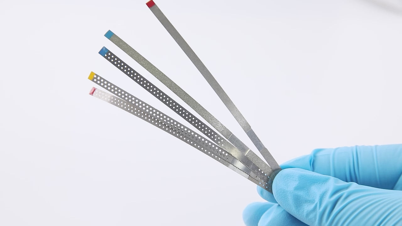 Load video: Dental Diamond Polishing Strip Stainless Steel With Diamond Sand Fine Medium Extra Fine With Hole/ No Hole 5Pcs/Box - azdentall.com