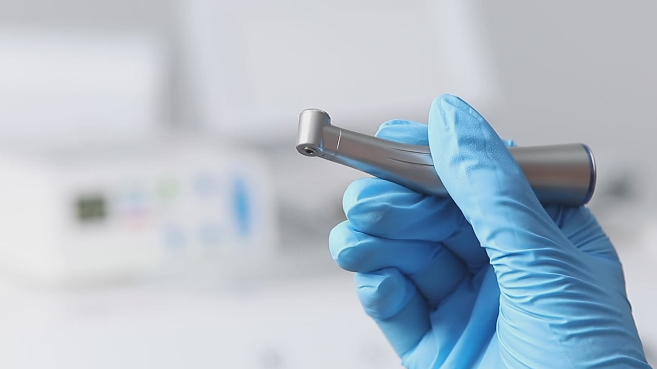 Load video: AZDENT 1:1 Low Speed Push Button Contra Angle Handpiece Internal Spray - azdentall.com