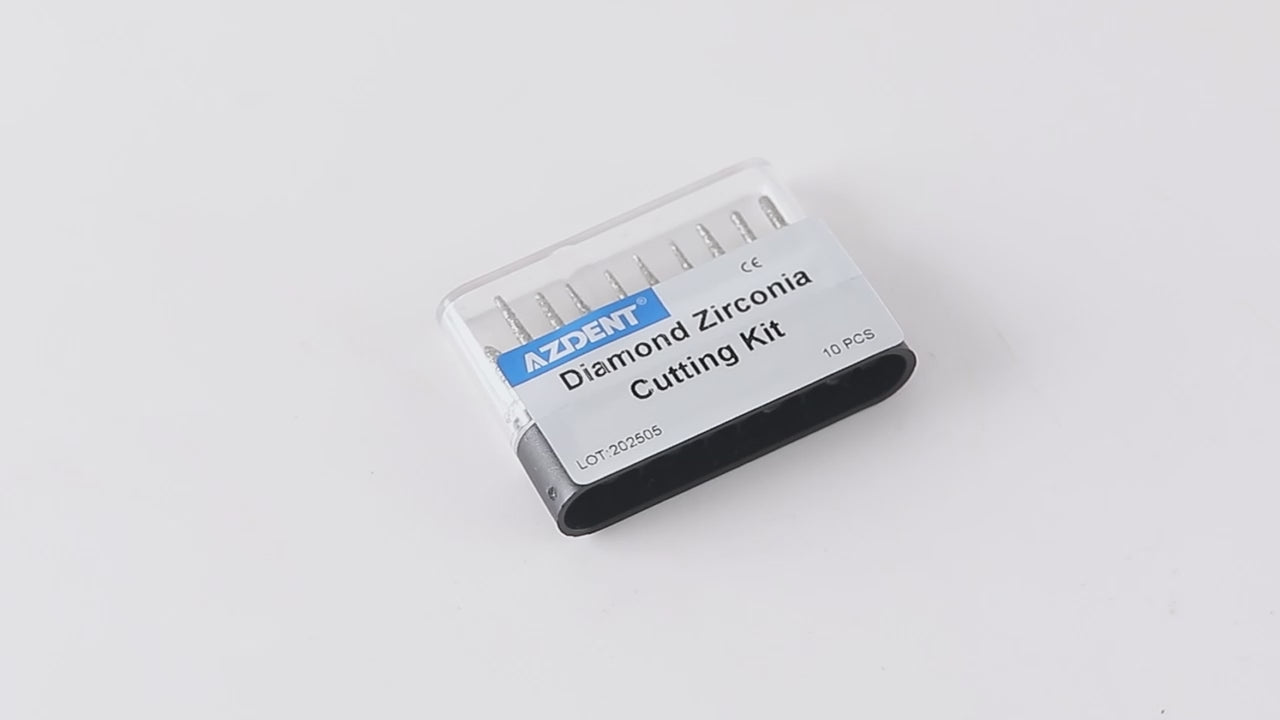 Load video: AZDENT Dental Diamond Zirconia Cutting Bur Kit FG 1.6mm 10pcs/Box - azdentall.com