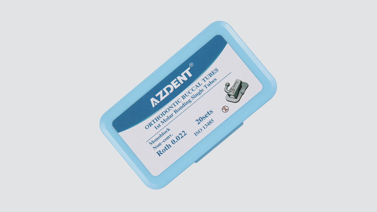 Load video: AZDENT Dental Orthodontic Buccal Tube 1st Molar Bondable Monoblock Non-Convertible Roth 0.022 Laser Mark 20Sets/Box - azdentall.com