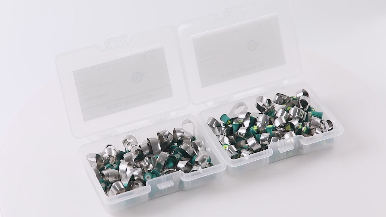 Load video: Dental Matrix Bands Stainless steel Double-Side Contoured Anatomically Shaped 0.038mm/ 0.03mm - azdentall.com