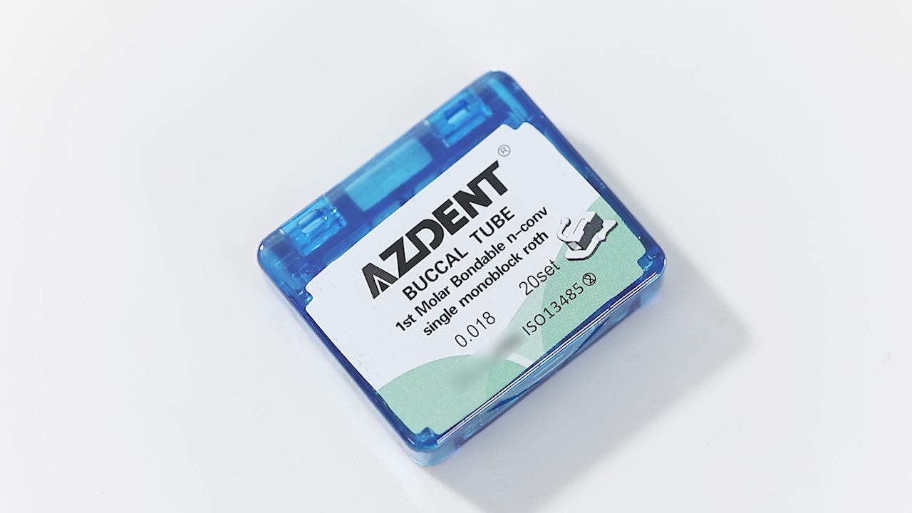 Load video: AZDENT Dental Orthodontic Buccal Tube 1st Molar Bondable MIM Monoblock Non-convertible Roth 0.018 20Sets/Box - azdentall.com