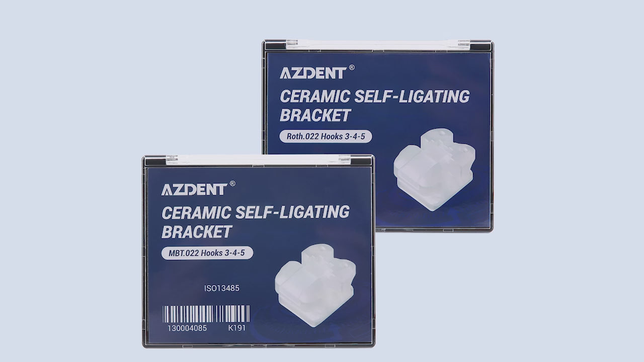 Load video: AZDENT Dental Self-ligating Ceramic Brackets Clear Roth/MBT 0.022 with hook 3,4,5