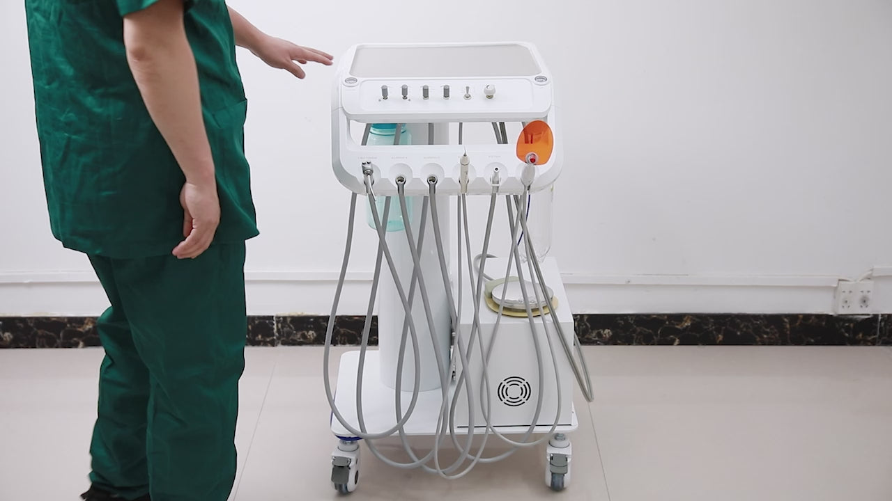 Portable Dental Mobile Cart Delivery Unit 4 Holes with Air Compressor Built-in ultrasonic scaler & Curing light - azdentall.com