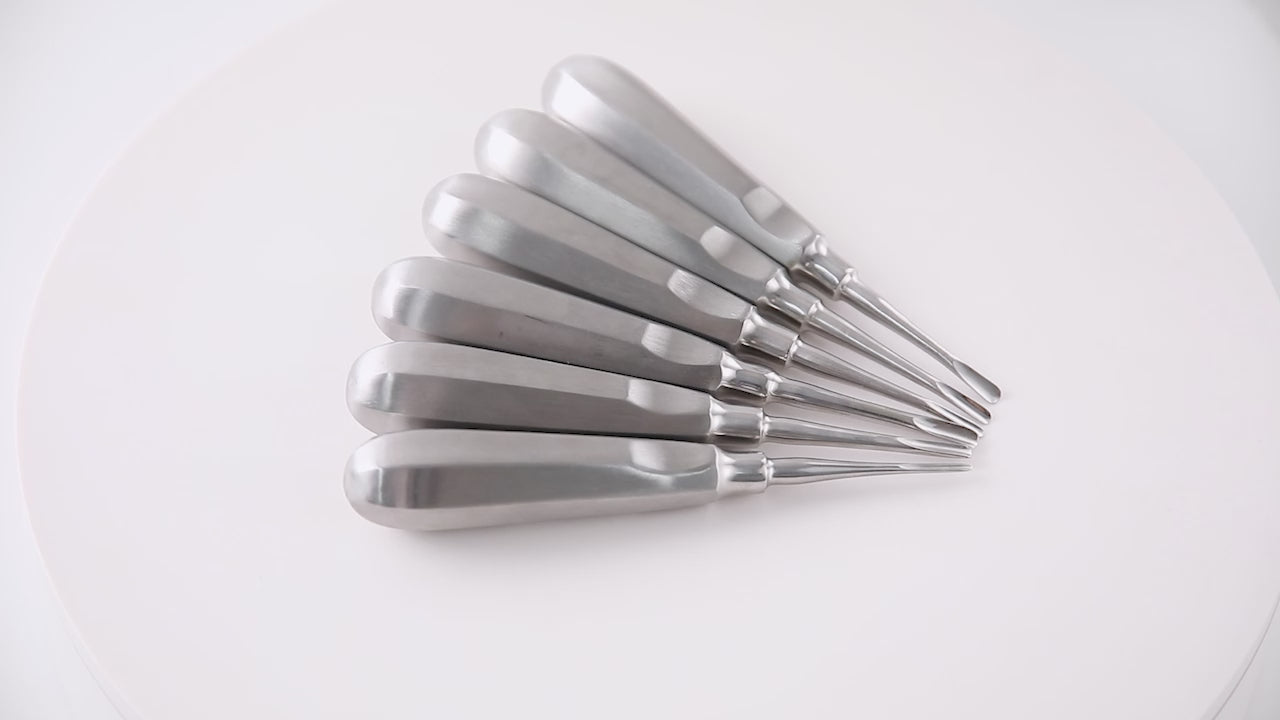 Load video: Dental Surgical Instrument Teeth Elevators Straight/Curved 6 Sizes- azdentall.com 