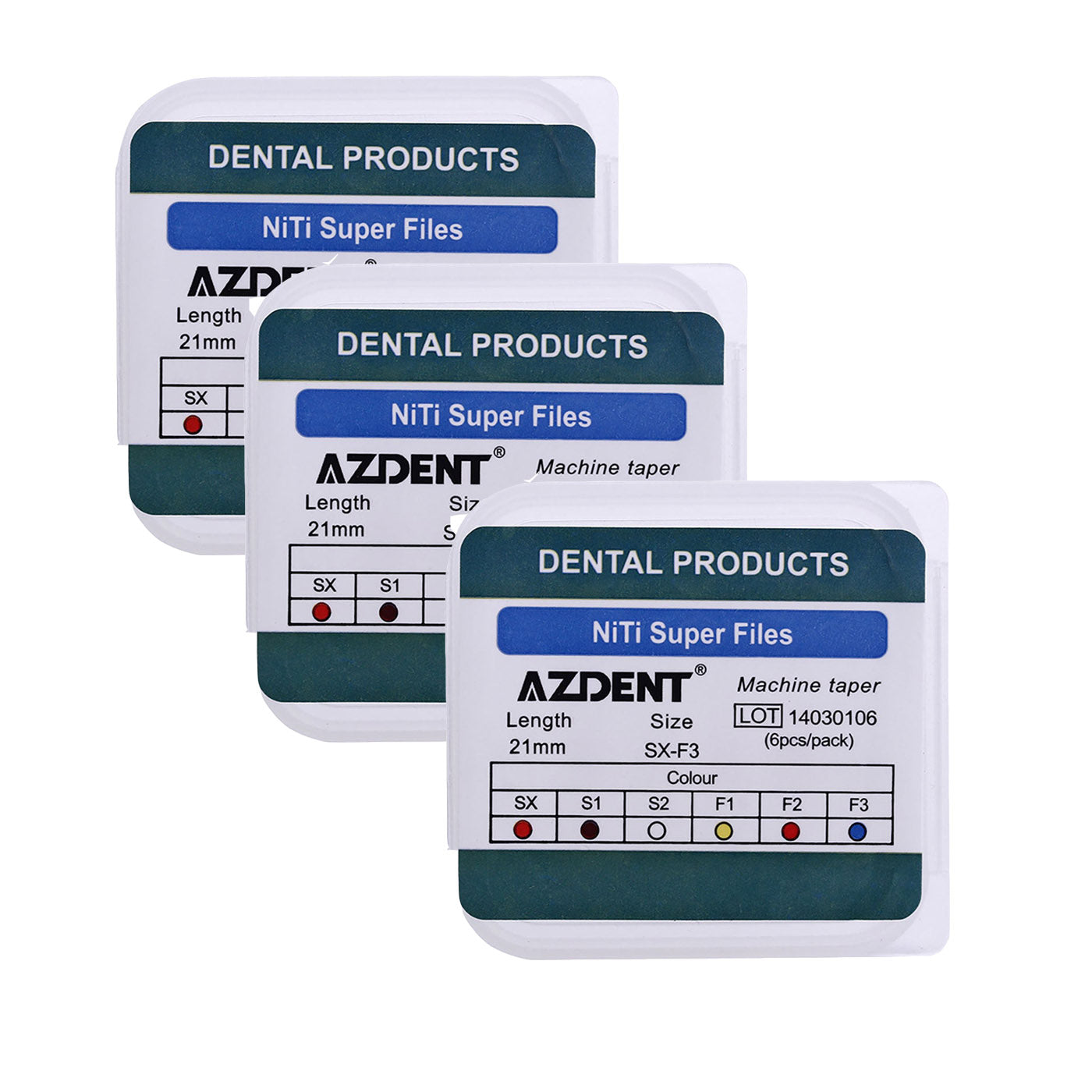 AZDENT Dental NiTi Rotary Engine Files 21mm Assorted SX-F3 6pcs/Pk - azdentall.com
