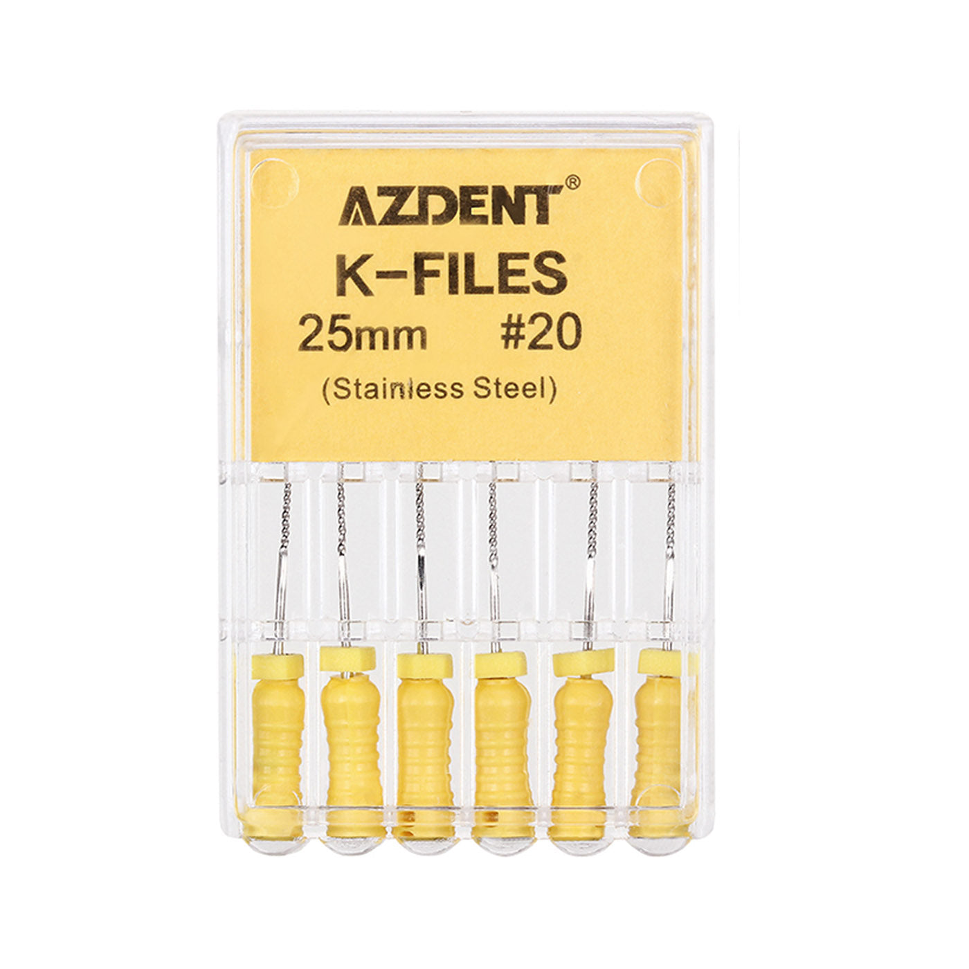 AZDENT Dental Hand K-Files Stainless Steel 25mm #20 Yellow 6pcs/Box-azdentall.com