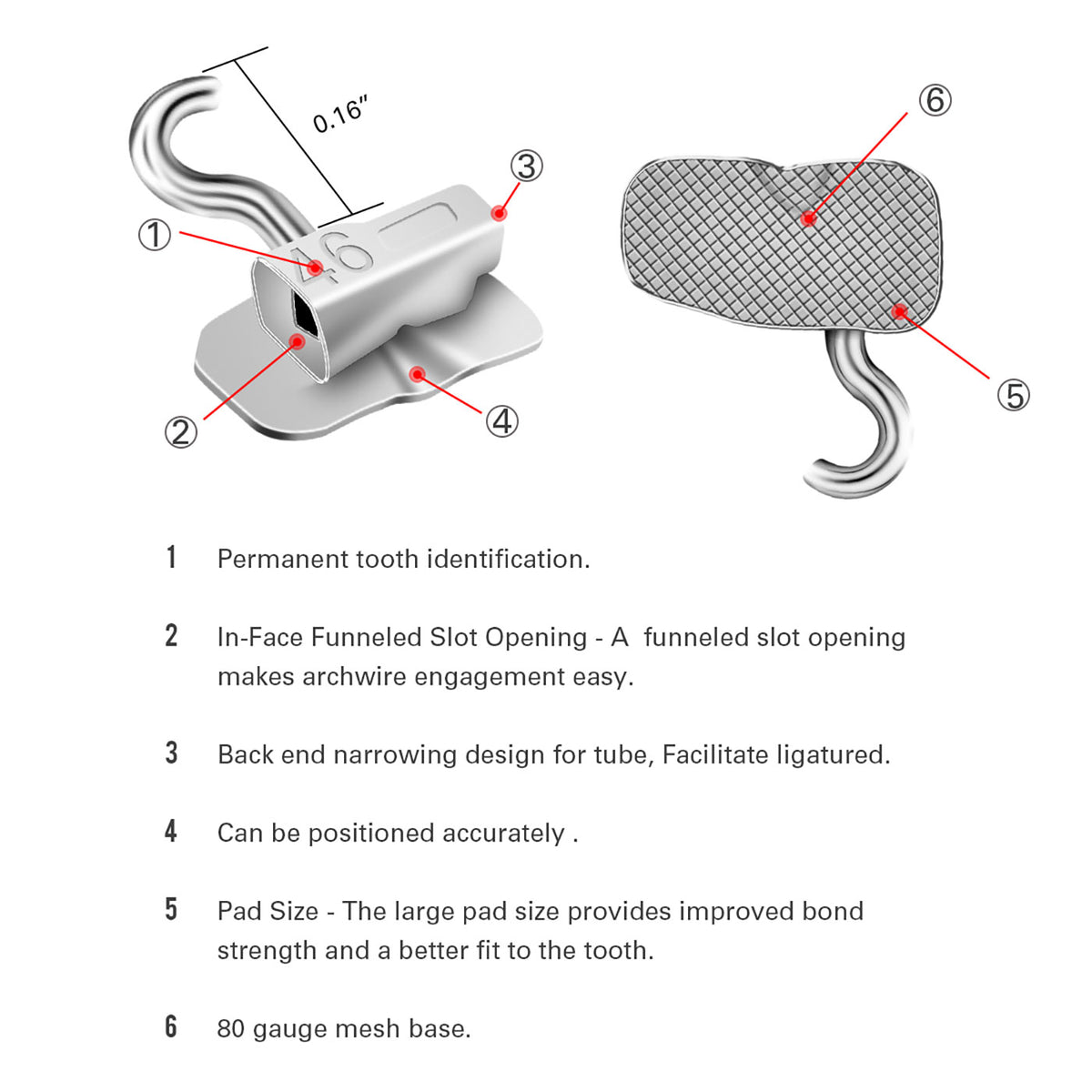 AZDENT Dental Orthodontic 1st Molar Bondable Tube with Sliding Crimpable Hook MBT 0.022 4pcs/Bag - azdentall.com