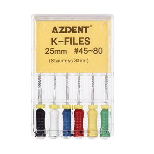 AZDENT Dental Hand K-Files Stainless Steel 25mm #15-80 6p/Pk 9 Color-azdentall.com
