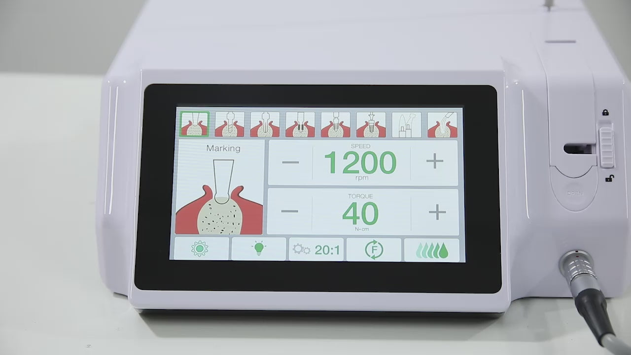 Load video: AZDENT Dental Implant Motor, Surgical Brushless, Color Touch Screen, With 20:1 Fiber Optic Contra Angle, 80Ncm Auto-Calibration Function - azdentall.com
