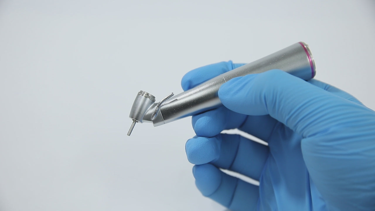 Load video: Dental 45 Degree Electric Contra Angle Fiber Optic 1:4.2 Increasing Handpiece External Water- azdentall.com