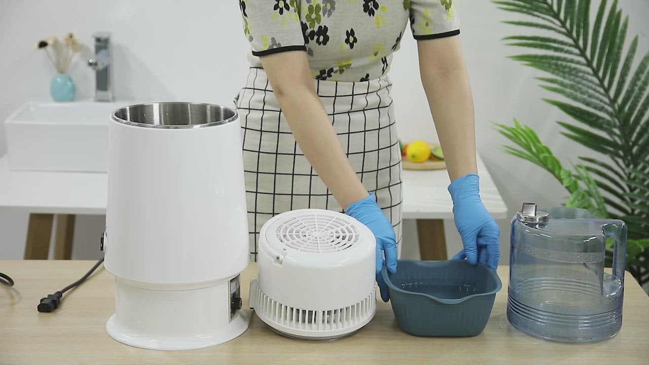 Load video: Water Distiller Stainless Steel Plastic Bucket with Temperature Control Knob High Foot 4L