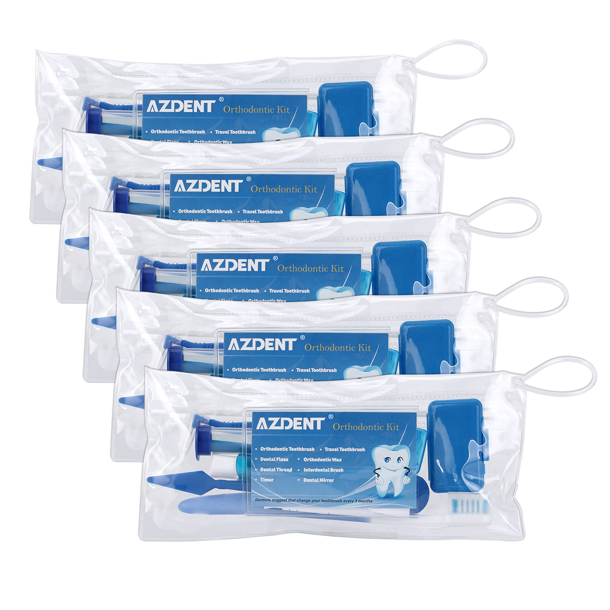 5 bags AZDENT Orthodontic Kit Toothbrush Interdental Brush Floss Mirror Wax Traction - azdentall.com