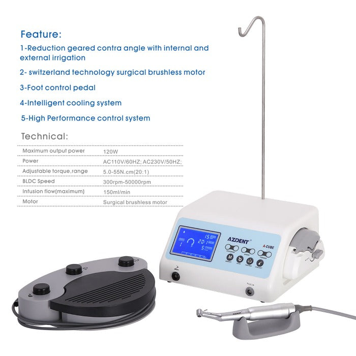 AZDENT Dental Surgical Brushless Implant Motor With 20:1 Contra Angle Handpiece