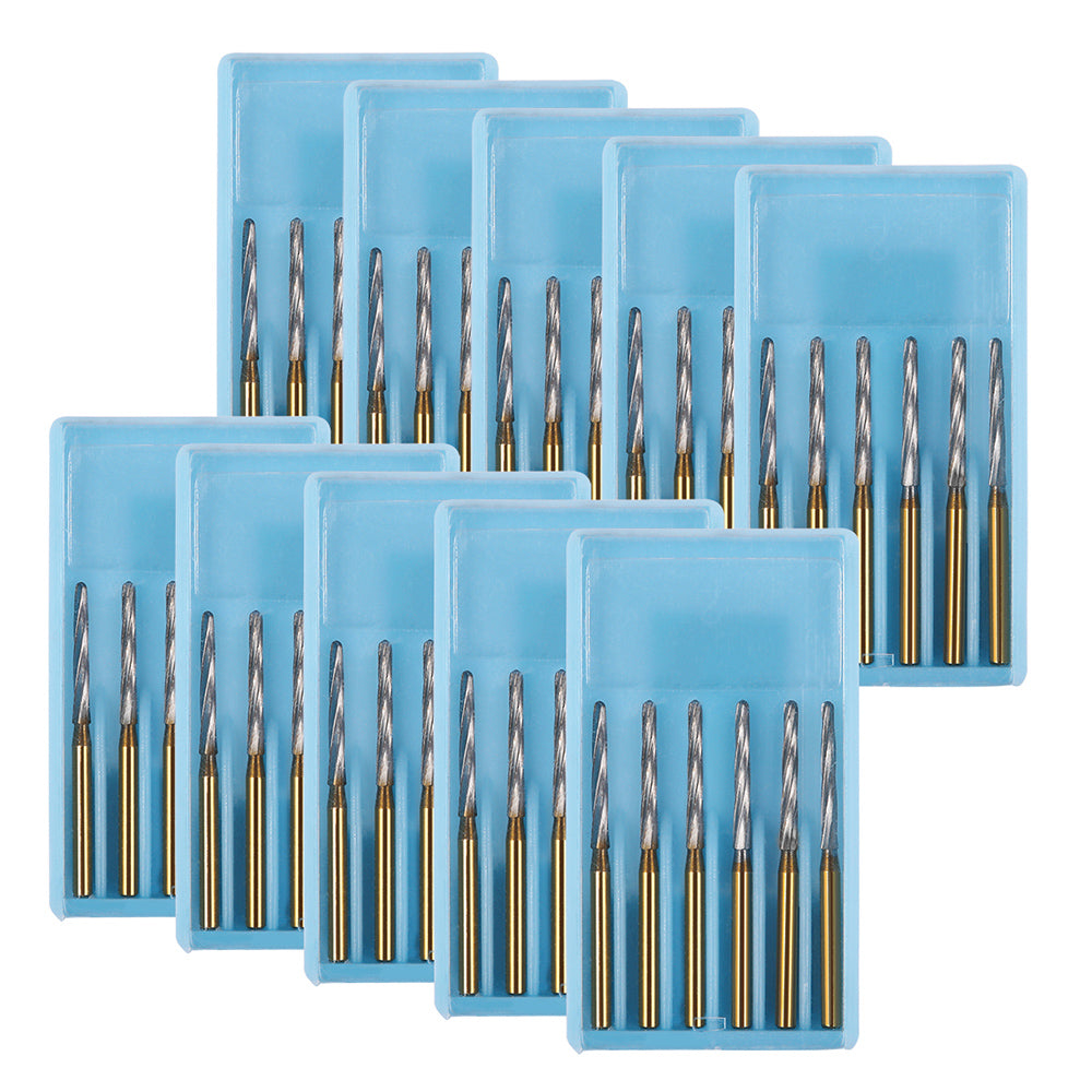 10 Boxes Dental FG Carbide Finishing Burs 25mm Gold 6pcs/Box - azdentall.com