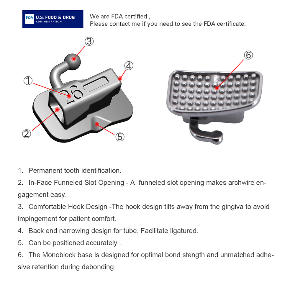 AZDENT Dental Orthodontic Metal Self Ligating Mini Bracket Braces Roth .022 Hooks 345 With 4 Buccal Tube 20+4/Box - azdentall.com