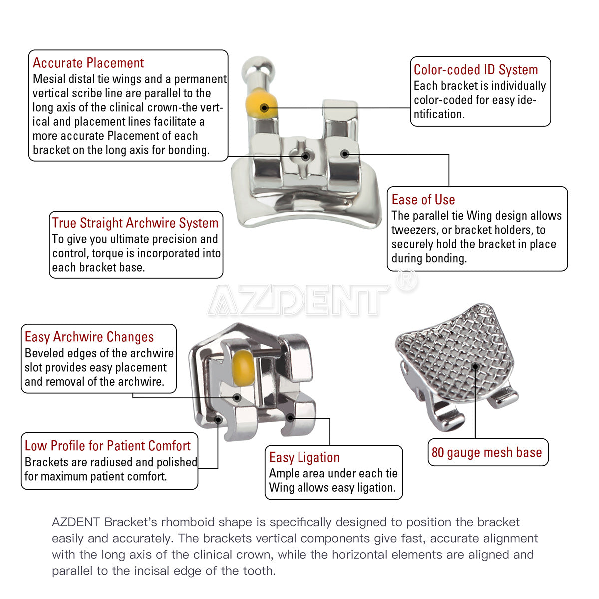 AZDENT Dental Metal Brackets Standard MBT Slot .022 Hooks on 3 20pcs/Pack - azdentall.com