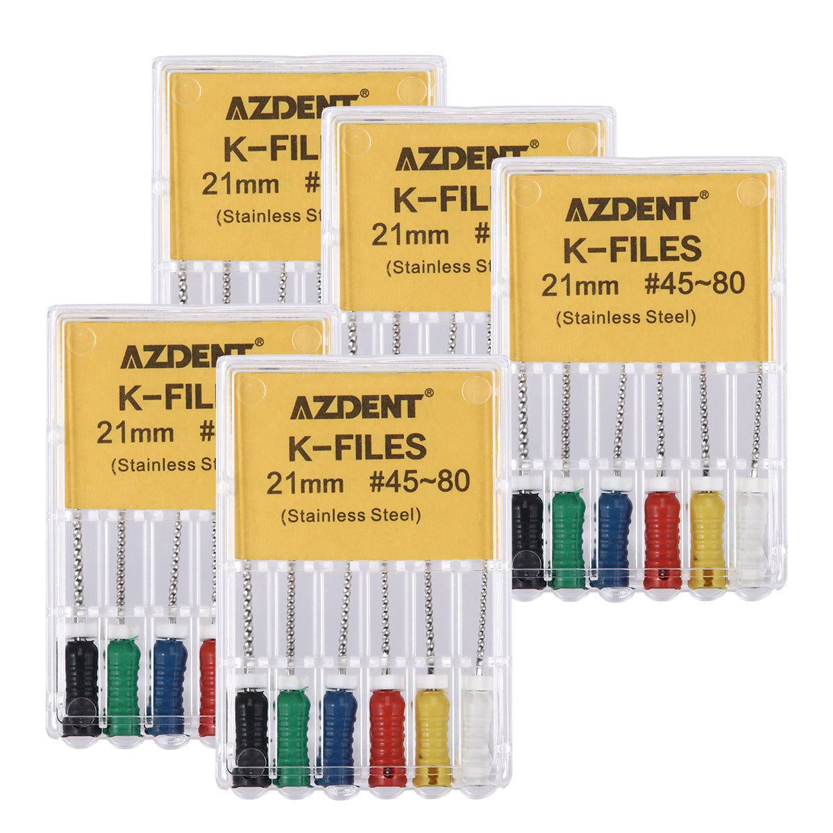 AZDENT Dental Hand K-Files Stainless Steel Root Canal 21mm #45-80 Assorted 6Pcs/Box-azdentall.com