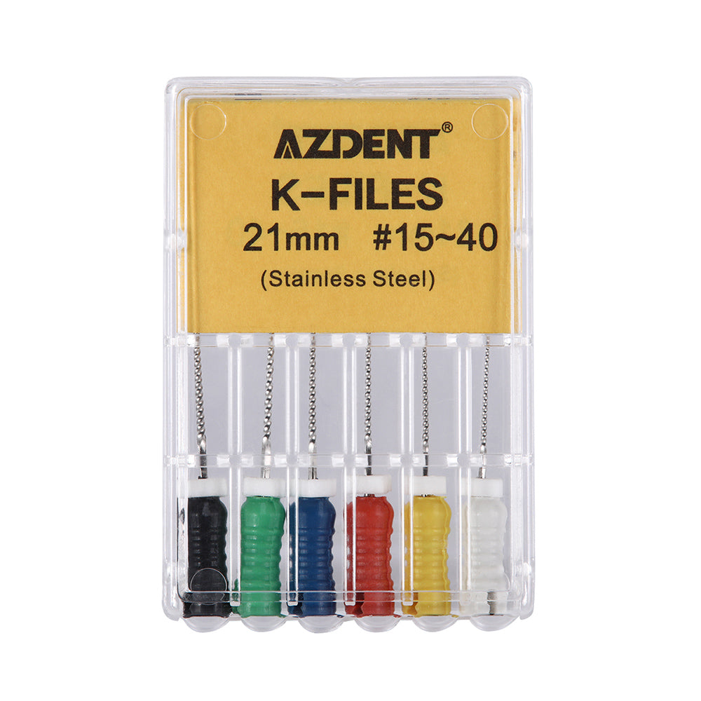 AZDENT Dental Hand K-Files Stainless Steel Root Canal 21mm #15-40 Assorted 6Pcs/Box-azdentall.com