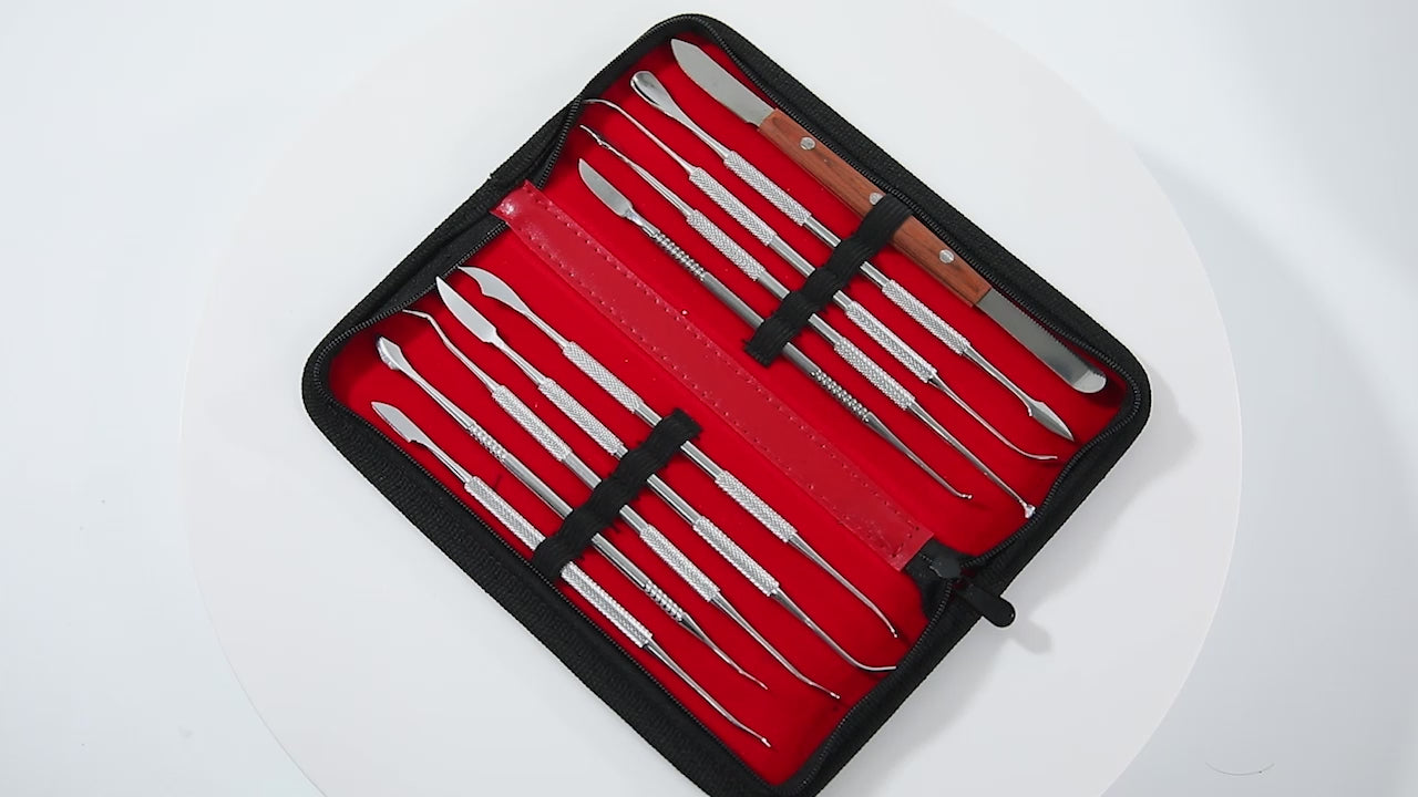 Load video: Dental Spatula Plaster Knife Practical Stainless Steel Versatile Teeth Wax Carving Tool Set 10pcs/Kit