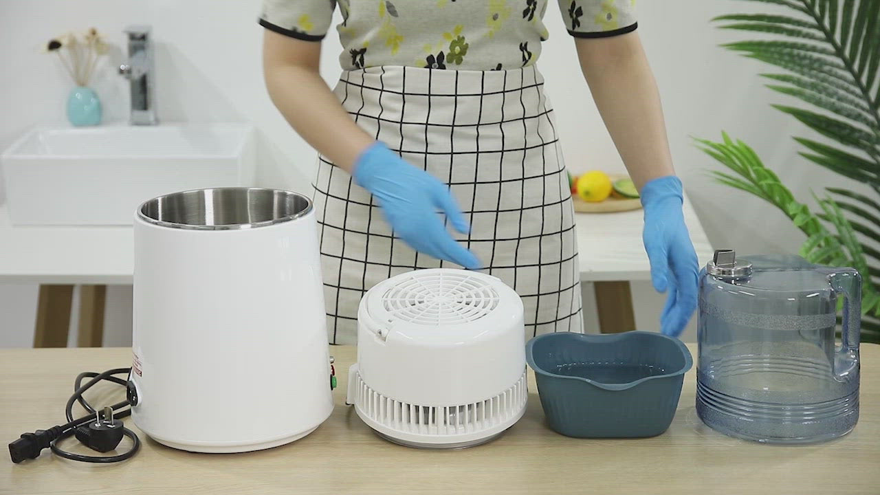 Load video: Water Distiller Stainless Steel Plastic Bucket Double Button 750W 4L 1L/H